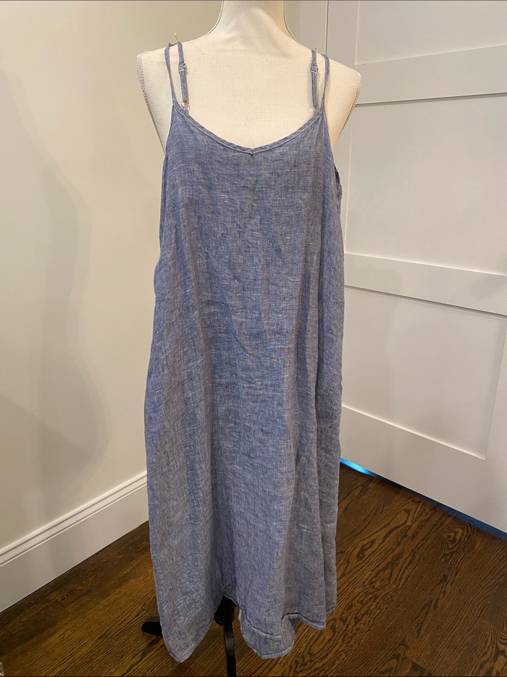 CP Shades Chambray Blue Linen Midi Slip Dress with Adjustable Straps
